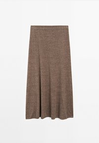 Jupe en maille marron longueur genou avec une coupe en ligne A et une texture subtile sur fond blanc.