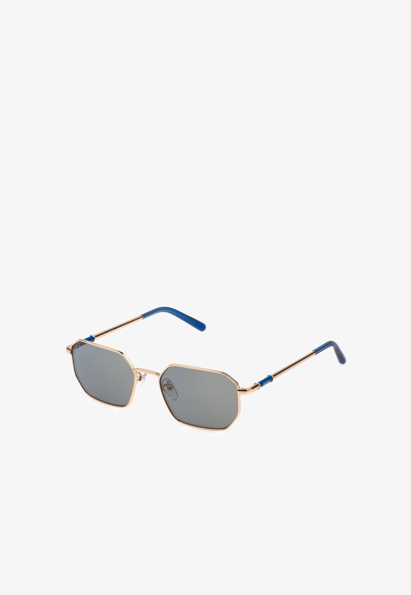Lunettes de soleil à monture métallique avec verres gris foncé et branches fines dorées avec embouts incurvés bleus.