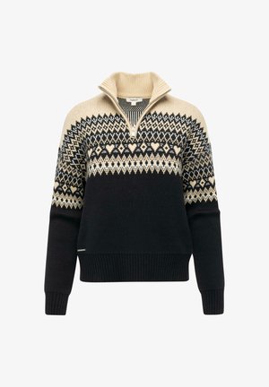 Sort og beige striktrøje med halvlukket krave, der har et geometrisk og hjerte-mønsteret bærestykke samt ribbede mansjetter og kant.