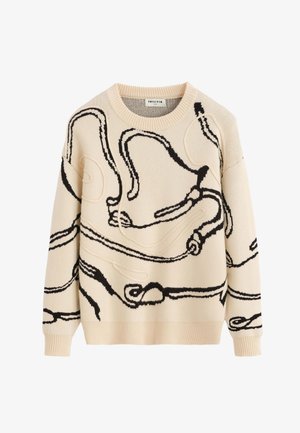 Pull en maille crème avec motifs abstraits en lignes noires. Comprend un col rond, des poignets et un ourlet côtelés, avec des détails texturés sur toute la surface.