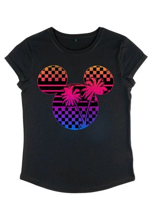 T-shirt nera a maniche corte con una grafica che raffigura due palme all'interno di un silhouette colorato di Topolino con un motivo a scacchiera.