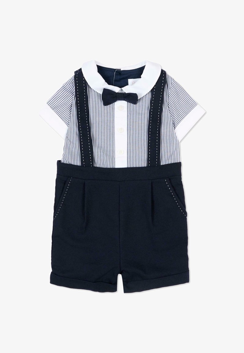 Babyromper met blauw-witte strepen, witte kraag, zwart strikje, aangehechte zwarte bretels en zwarte korte broek met zakken.