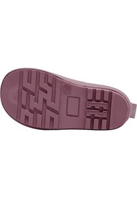 Semelle de chaussure en caoutchouc rose doux, présentant un motif de semelle texturé pour l'adhérence, un détail de logo rectangulaire et un accent de soutien au talon.