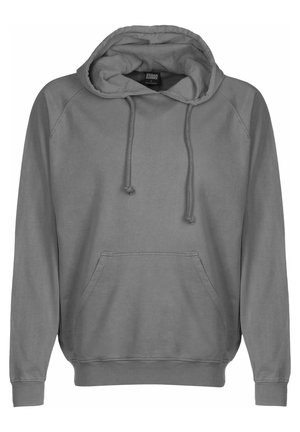 Grå hettegenser laget av myk stoff, med snorhette, frontlomme og ribbede mansjetter og kant. Enkelt, avslappet design.