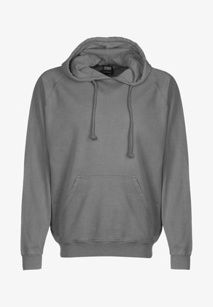 Šedá mikina s kapucí vyrobená z měkké tkaniny, s nastavitelnou kapucí, přední kapsou a žebrovanými manžetami a lemem. Jednoduchý, ležérní design.