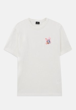 White cotton T-shirt featuring a small, colorful embroidered rabbit design on the left chest area and a crew neckline. Short sleeves.