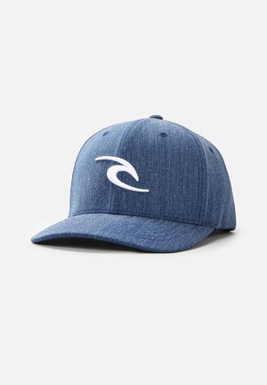Denim-style blue cap with a curved visor, featuring a raised white wave logo on the front and six ventilation eyelets.