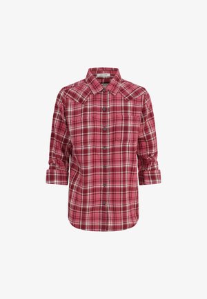 Rote karierte Hemdbluse mit Kragen, langen Ärmeln, die an den Bündchen aufgerollt sind, zwei Brusttaschen und kontrastierenden weißen und braunen Karos.