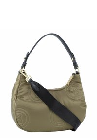 Borsa a tracolla in nylon khaki con una texture liscia, dettagli in metallo dorato e accenti in pelle nera. Presenta una forma strutturata e una tracolla regolabile.