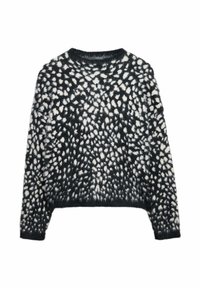 Schwarzer, gestrickter Pullover mit flauschiger Textur und weißen, abstrakten Flecken. Rundhalsausschnitt, lange Ärmel und cropped Schnitt.