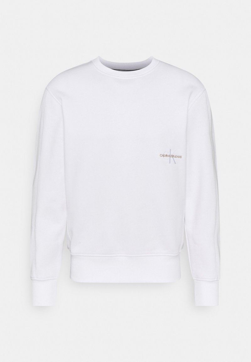 Sweatshirt blanc à manches longues avec col rond, logo Calvin Klein Jeans sur la poitrine gauche, poignets, ourlet et encolure côtelés.