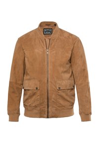 Braune Wildlederbomberjacke mit einem Reißverschluss auf der Vorderseite, gerippten Bündchen und zwei Fronttaschen mit Druckknopfverschlüssen. Glatte Textur und lässiges Design.