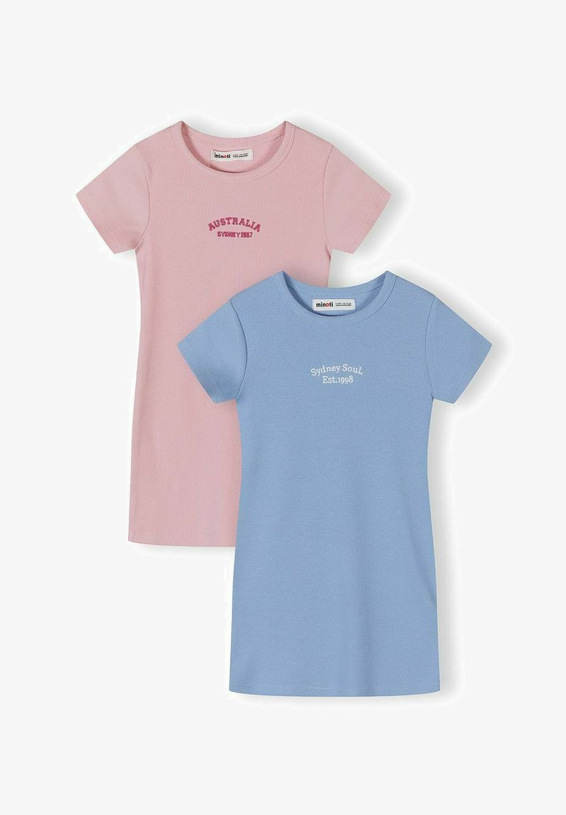 To ribstrikkede kortærmede kjoler, en lyserød med teksten "AUSTRALIA SYDNEY 1987" og en blå med teksten "Sydney Soul Est. 1998", lagt fladt på hvid baggrund.