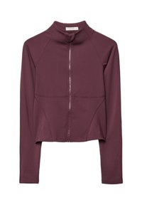 Bordo zip-jakna s visokim ovratnikom, dugim rukavima i prilagođenim krojem. Izrađena od glatkog, rastezljivog materijala s detaljima na šavovima.