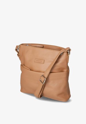 Lichtbruine leren crossbodytas met verstelbare band, voorvak en ritssluiting, getoond tegen een witte achtergrond.