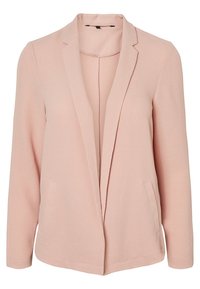 Jasnoróżowa marynarka z fakturowanej tkaniny, z kołnierzem klapowym, otwartym przodem i dwoma bocznymi kieszeniami. Lekko dopasowany krój.