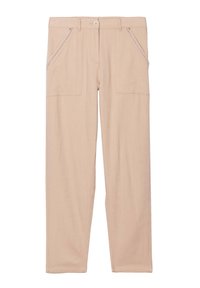Lichtbeige broek van een zachte stof, met zijzakken, een knoopsluiting en contrasterende stiksels langs de naden.