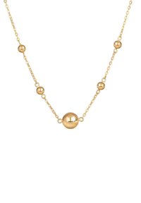 Goldkette mit einem zentralen, glatten runden Perlen und kleineren Perlen, die entlang der Kette verteilt sind, mit einem polierten metallischen Finish.