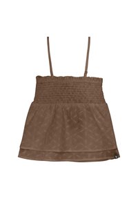 Brązowy bezrękawnik z marszczonym korpusem i rozkloszowanym dołem. Posiada subtelny kwiatowy wzór i cienkie regulowane ramiączka.
