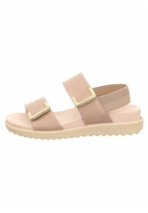 Sandale rose clair avec deux larges brides, accents dorés et semelle beige texturée. Comprend un footbed rembourré et une bande élastique au talon.