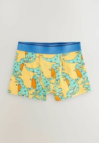 Gule boxer briefs med blå dinosaurer og orange detaljer. Blødt stof med en elastisk blå talje. Gentaget mønster hele vejen igennem.