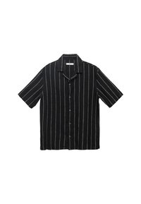 Zwart shirt met korte mouwen en witte verticale strepen, met een knoopsluiting aan de voorkant en een klassieke kraag. Zachte stof met een losse pasvorm.