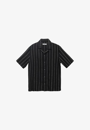 Short-sleeved black shirt with white vertical stripes, button-down front, and a classic collar. Soft fabric with a relaxed fit.