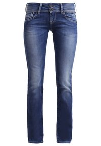 Vaqueros rectos de denim en azul oscuro, con un lavado desgastado, cierre de dos botones y cinco bolsillos con detalles de costura.