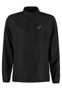 Schwarze leichte Jacke mit Reißverschluss vorne, Stehkragen, langen Ärmeln und einem dezenten Logo auf der oberen linken Seite. Glattes, wasserdichtes Material.