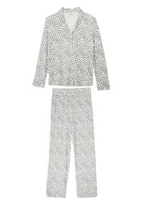 Dvoudílná pyžamová souprava s leopardím potiskem z měkké látky. Dlouhý rukáv s límečkem a zapínáním na knoflíky; odpovídající kalhoty s elastickým pasem.