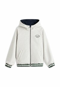 Jasnoszara bluza z kapturem na zamek z ciemnoniebieską podszewką, przednimi kieszeniami, elastycznymi mankietami, paskowanym dołem i małym czarnym logo tekstowym na lewej piersi.