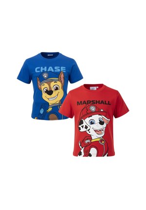 Blue child’s T-shirt with Chase cartoon dog and red child’s T-shirt with Marshall cartoon dog from a popular TV show.