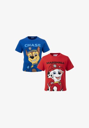 Blue child’s T-shirt with Chase cartoon dog and red child’s T-shirt with Marshall cartoon dog from a popular TV show.