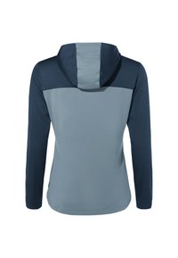 Giacca con cappuccio caratterizzata da un design a blocchi di colore, con maniche blu scuro e corpo grigio chiaro. Realizzata in tessuto liscio e leggero.