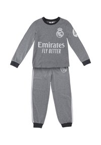 Grauem Pyjama-Set mit langen Ärmeln und Hosen. Enthält den Text "Emirates Fly Better" und ein Logo. Schwarze Bündchen und seitliche Streifen auf der Hose.
