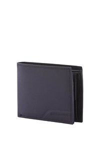 Black leather wallet with a smooth texture, bi-fold design, and subtle stitching details; features brand name embossed on the front.