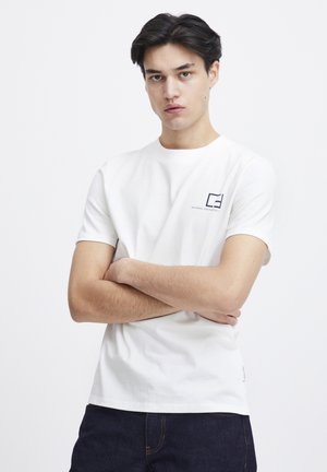 White cotton t-shirt with a crew neck and short sleeves, featuring a small navy blue logo and text on the left chest area.