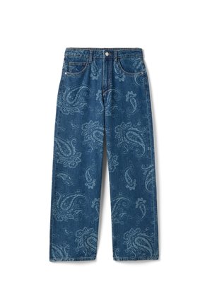 Blue denim jeans with light paisley patterns, five-pocket style, straight-leg cut, and a button closure at the waist.