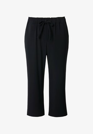 Schwarze, abgeschnittene Hosen aus glattem Stoff, mit einem elastischen Bund und Kordelzug sowie zwei Seitentaschen. Gerade Passform.