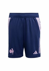 Navy athletic shorts made of lightweight fabric, featuring a pink rooster logo and pink side accents with three stripes.