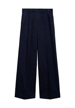 Vidbyxor i mörk denim. Hög midja med främre veck, slät textur och ingen synlig hårdvara eller mönster.