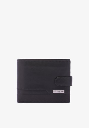 Zwarte leren portefeuille in een rechthoekige vorm, met een zijsluiting, stikdetails en een zilveren logoaccent.
