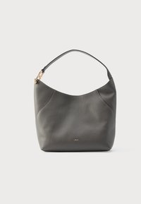 Geantă de umăr din piele gri cu textură netedă, formă curbată și accesorii aurii. Prezintă logo-ul brandului în partea inferioară frontală.