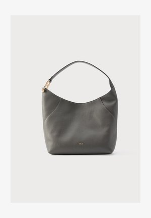 Hall nahast õlakott, millel on sile pind, kaardus kuju ja kuldse tooniga detailid. Alumisel esiküljel on brändi logo.