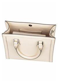 Beige strukturierte Lederhandtasche mit doppelten Griffen, grauen Akzenten und einem Magnetschluss. Innen bietet sie Fächer zur Organisation.