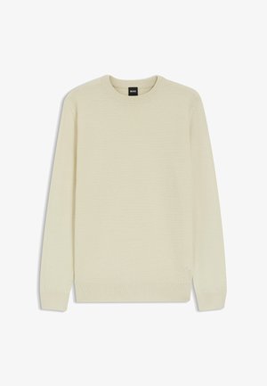 Maglione lavorato a maglia color crema con scollo rotondo a coste e motivo strutturato. Caratterizzato da maniche lunghe e polsini e orlo a coste. Etichetta BOSS visibile.