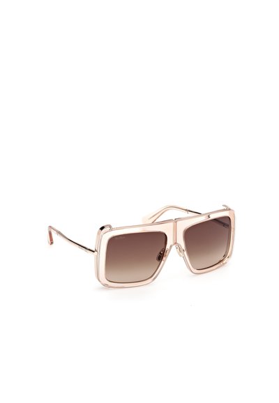 Ochelari de soare cu un design pătrat, rame de culoare roz deschis, lentile maro cu efect degradat și accente metalice. Prezintă brațe subțiri cu balamale.