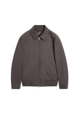 Giacca leggera marrone con vestibilità rilassata, dotata di colletto a camicia, zip frontale, due tasche laterali e polsini e orlo a costine.