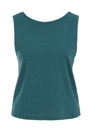 Mouwloze teal top met subtiel getextureerd dierenprintpatroon en brede afgeronde halslijn.