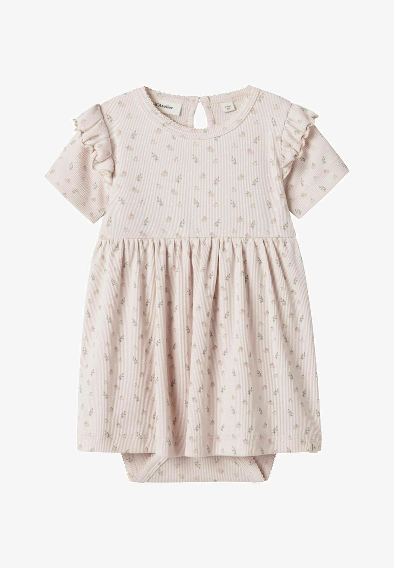 Abito di cotone rosa con maniche corte a volant, motivo floreale, texture a coste, corpetto con gonna arricciata e chiusura a chiave sul retro.